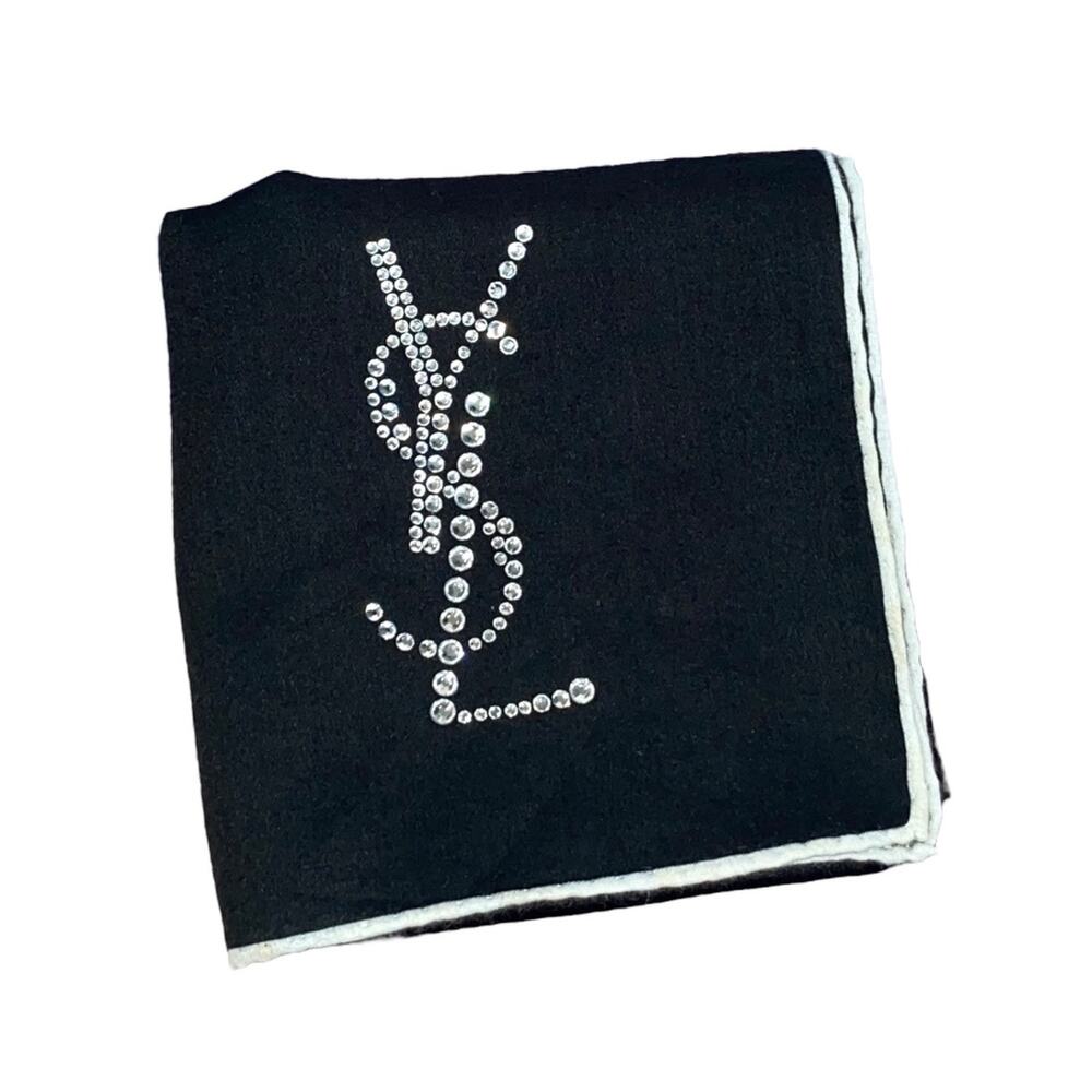 YSL Yves Saint Laurent Black Cotton Rhinestone Crystal Logo Handkerchief Scarf